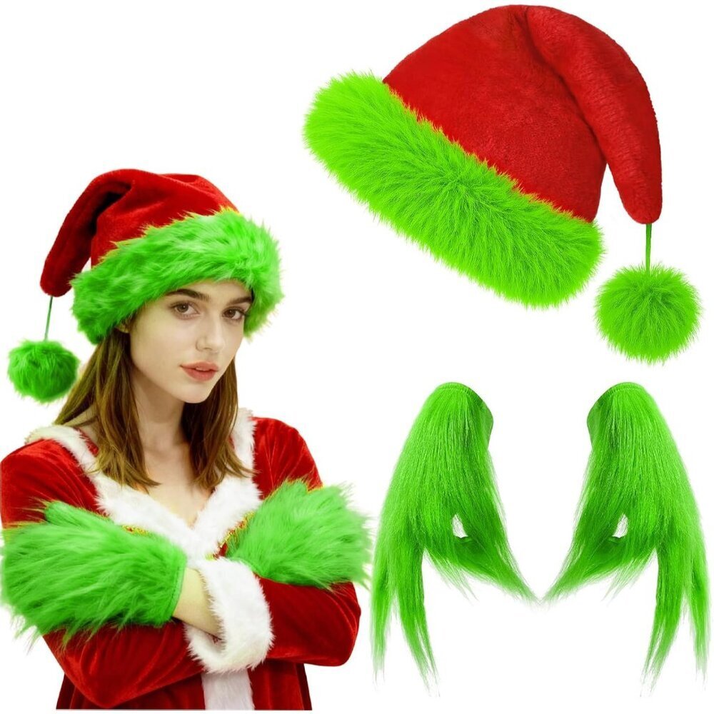 Festive Christmas Santa Hat and Green Monster Furry Gloves Set Holiday Accessory
